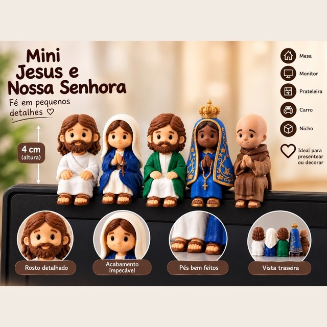 Mini Jesus ou Mini Maria Sentado 4cm Decorativo em Impressão 3D Para Mesa Monitor Prateleira Nicho