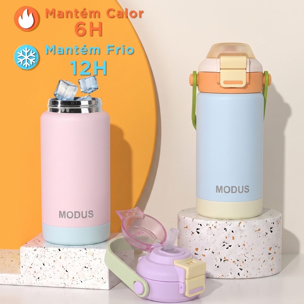 MODUS Thermos infantil 350ml Aço Inox 304 Canudo e Bico 2 em 1 Tampa Flip com Trava, Alça, Base Protetora — imagem 2 de 2
