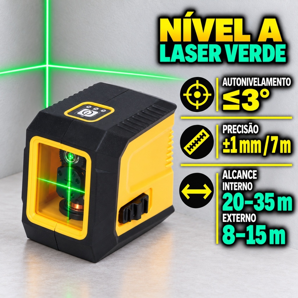 Nível a Laser Verde Autonivelante 2 Linhas Horizontal e Vertical Precisão ±1mm/7m Alcance Interno 20-35m para Azulejos