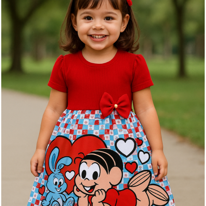 Vestido Mônica feminino menina infantil temático festa personagens Inverno/Verão.