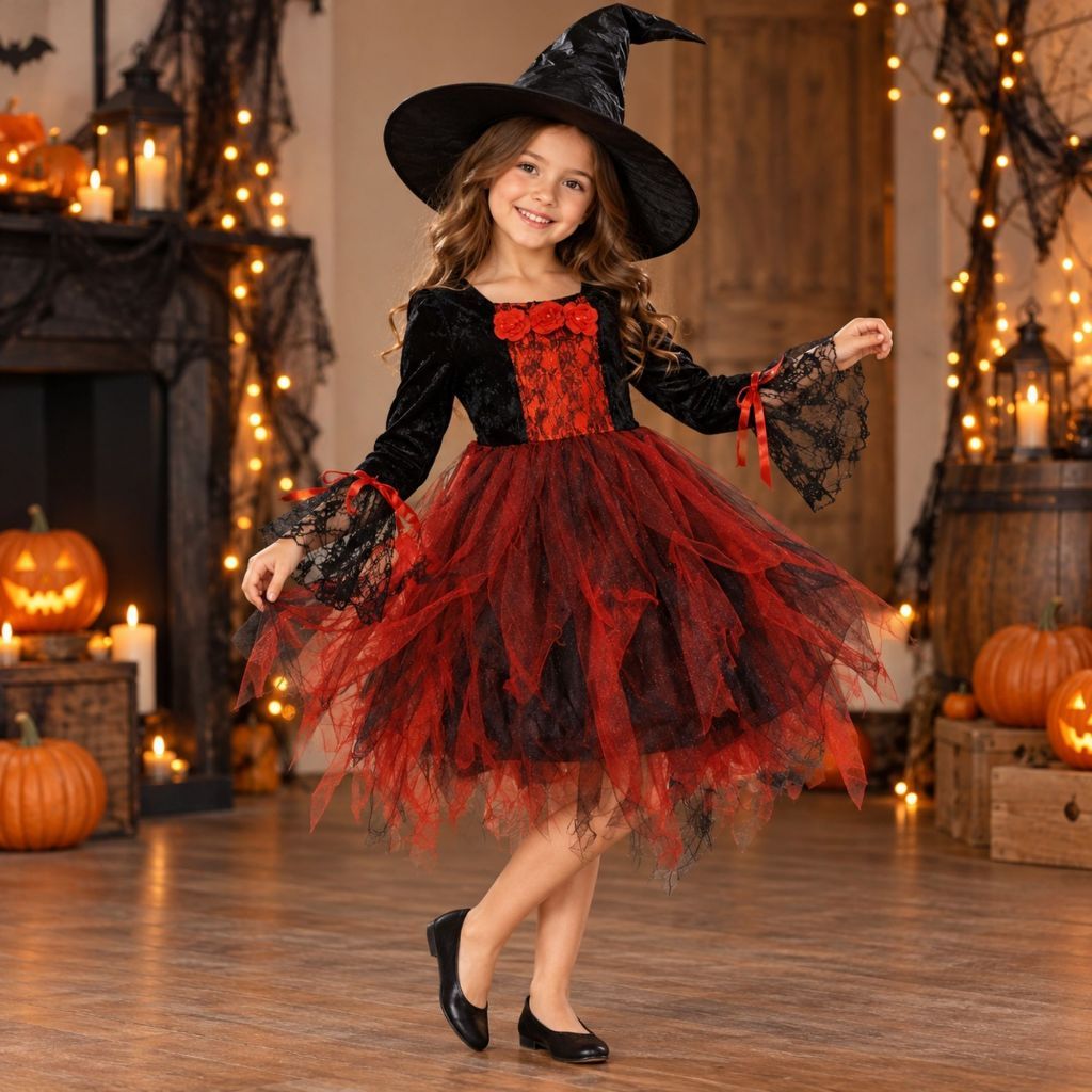 Fantasia Halloween Infantil Menina Vampira Bruxa Vestido Longo Preto Vermelho Festa Temática