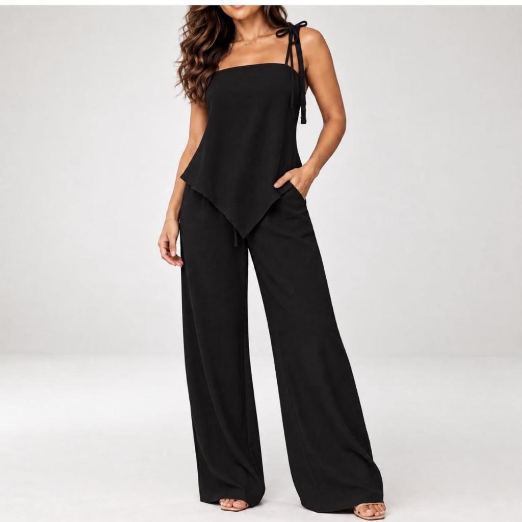 Conjunto Feminino Calça Pantalona Blusa Alcinha Assimétrica Verão Elegante Moda Feminina Casual