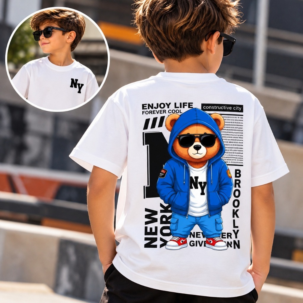 Camiseta Infantil Urso NY New York Streetwear 100% Algodão Menino Menina Unissex Tam 2 ao 16