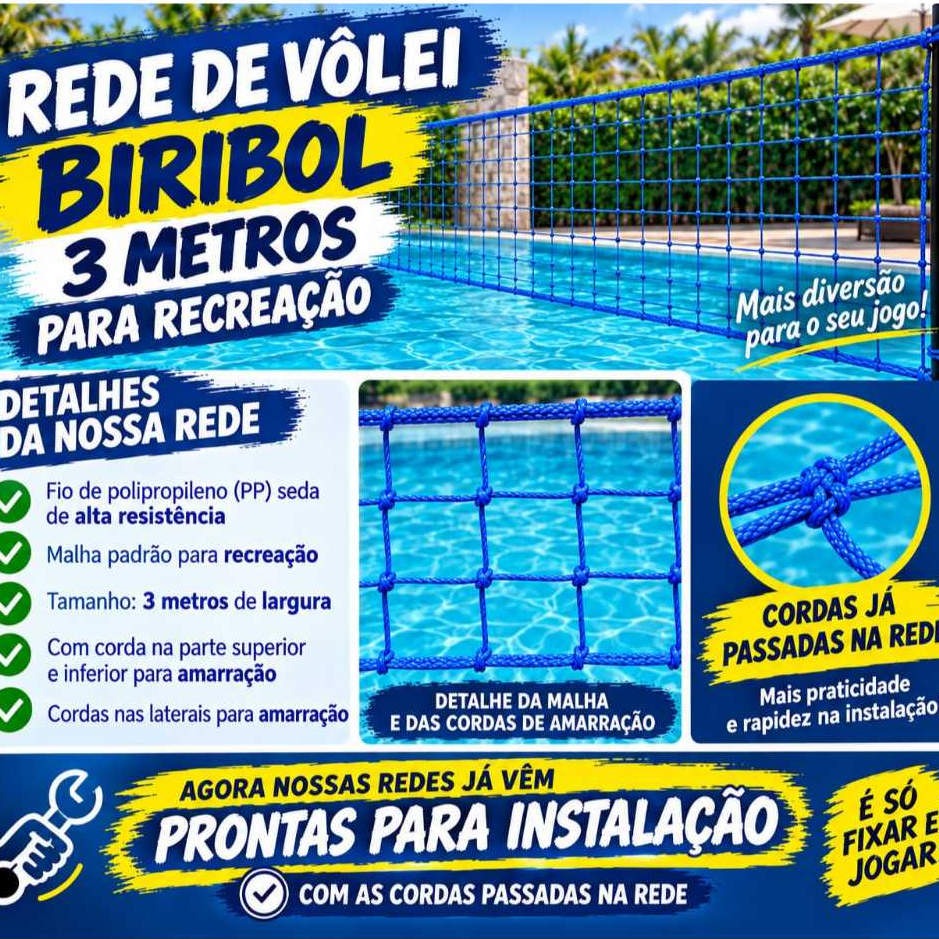 Rede de Vôlei Biribol 3 Metros para Piscina – Malha Resistente em pp