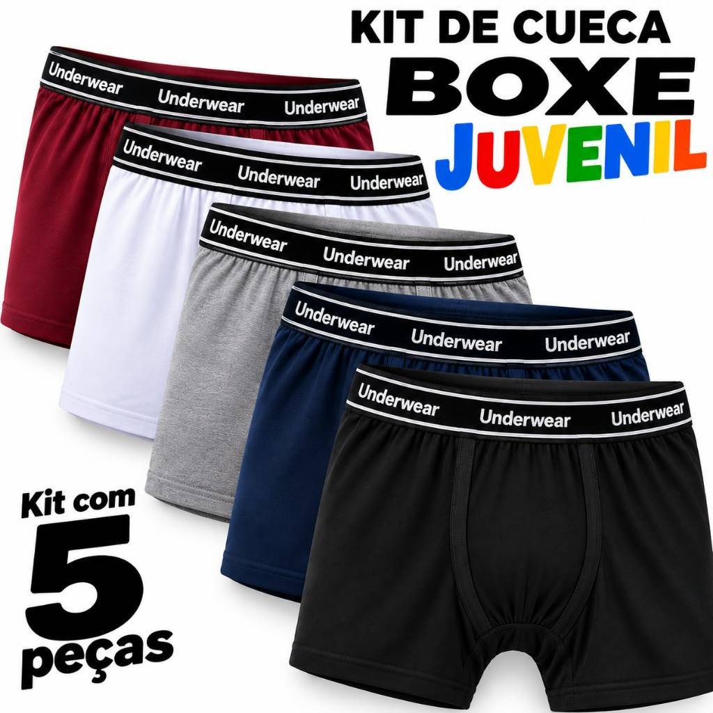 Kit Com 3 ou 5 Cuecas Boxer Juvenil Elastano e Cotton Cores Sortidas.