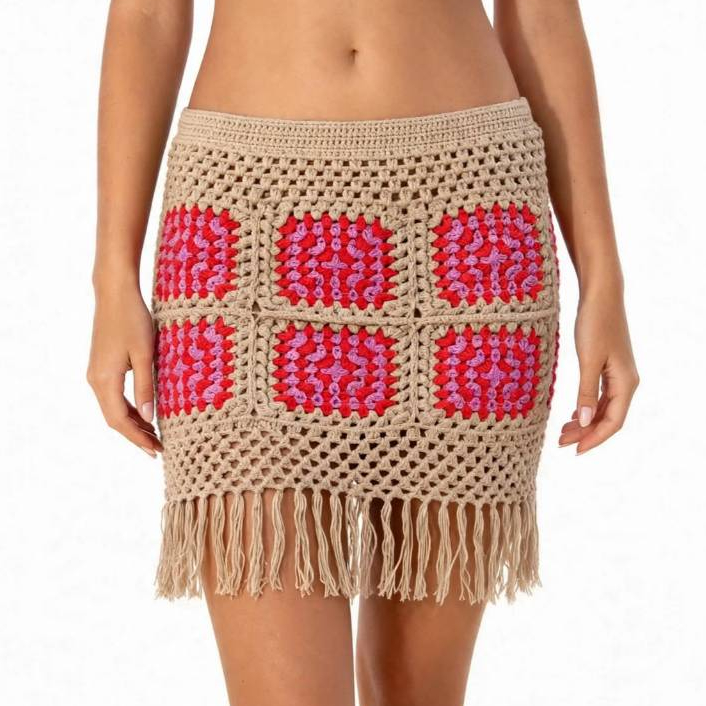 Saída de Praia Saia Curta Crochê Tricot Moda Praia Verão Feito a mão