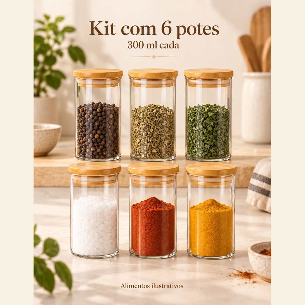 Potes de Vidro 300ml com Tampa de Bambu Kit 3 ou 6 para Temperos e Mantimentos