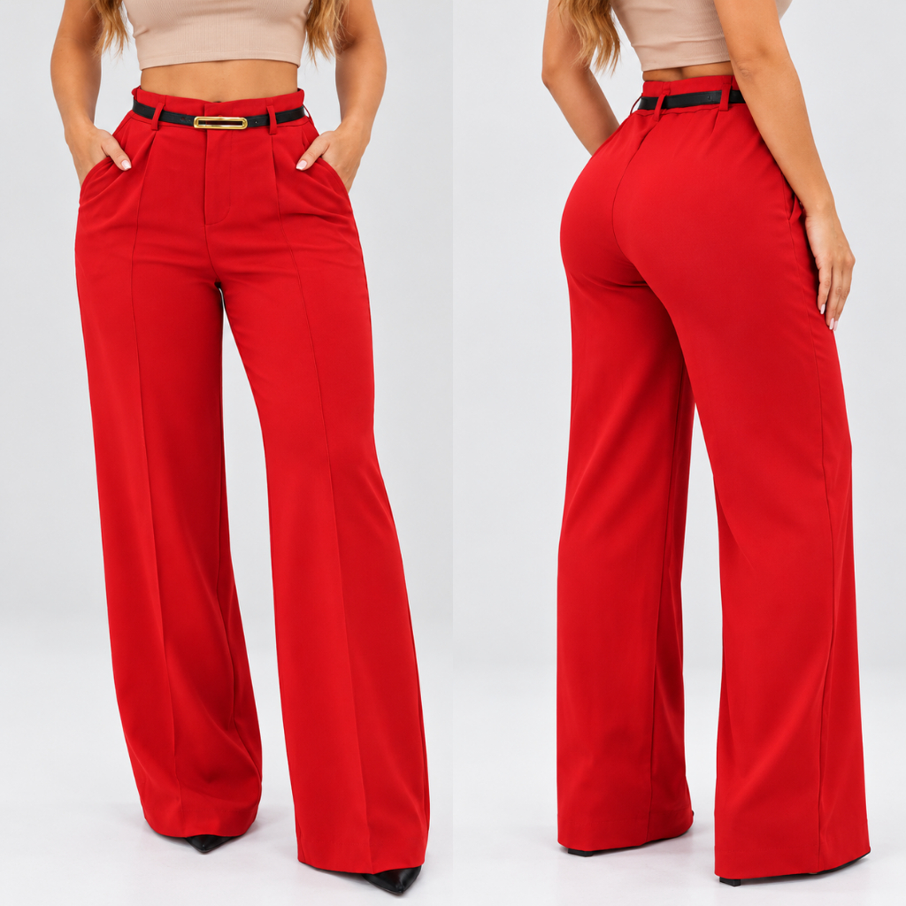 Calça Feminina Pantalona Alfaiataria Cintura Alta com Cinto Elegante Social Wide Leg Bolsos