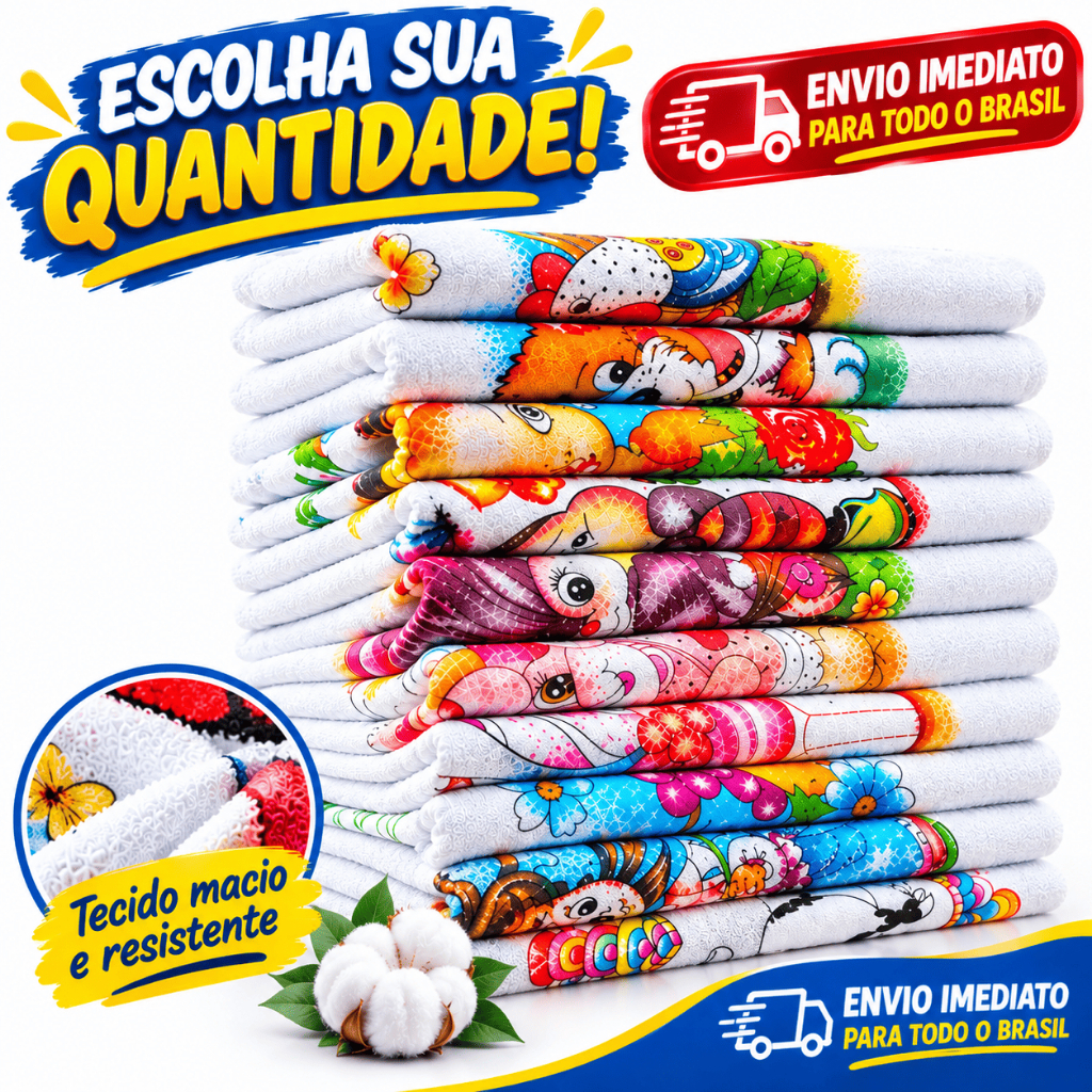 Kit Pano de Prato Grande Estampado Sortido em Algodão para Cozinha e Casa