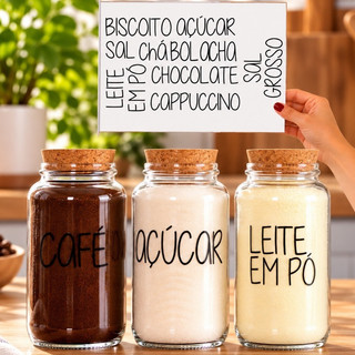 Kit Cantinho do Café + Açúcar + Leite em pó | 3 potes de Vidro 830 ml + tampa rolha cortiça| Pote Mantimento