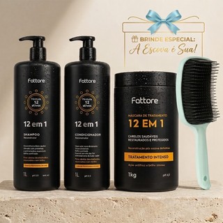 KIT FATTORE 12 EM 1 - SHAMPOO + CONDICIONADOR 1L + MÁSCARA 1KG + ESCOVA RAQUETE