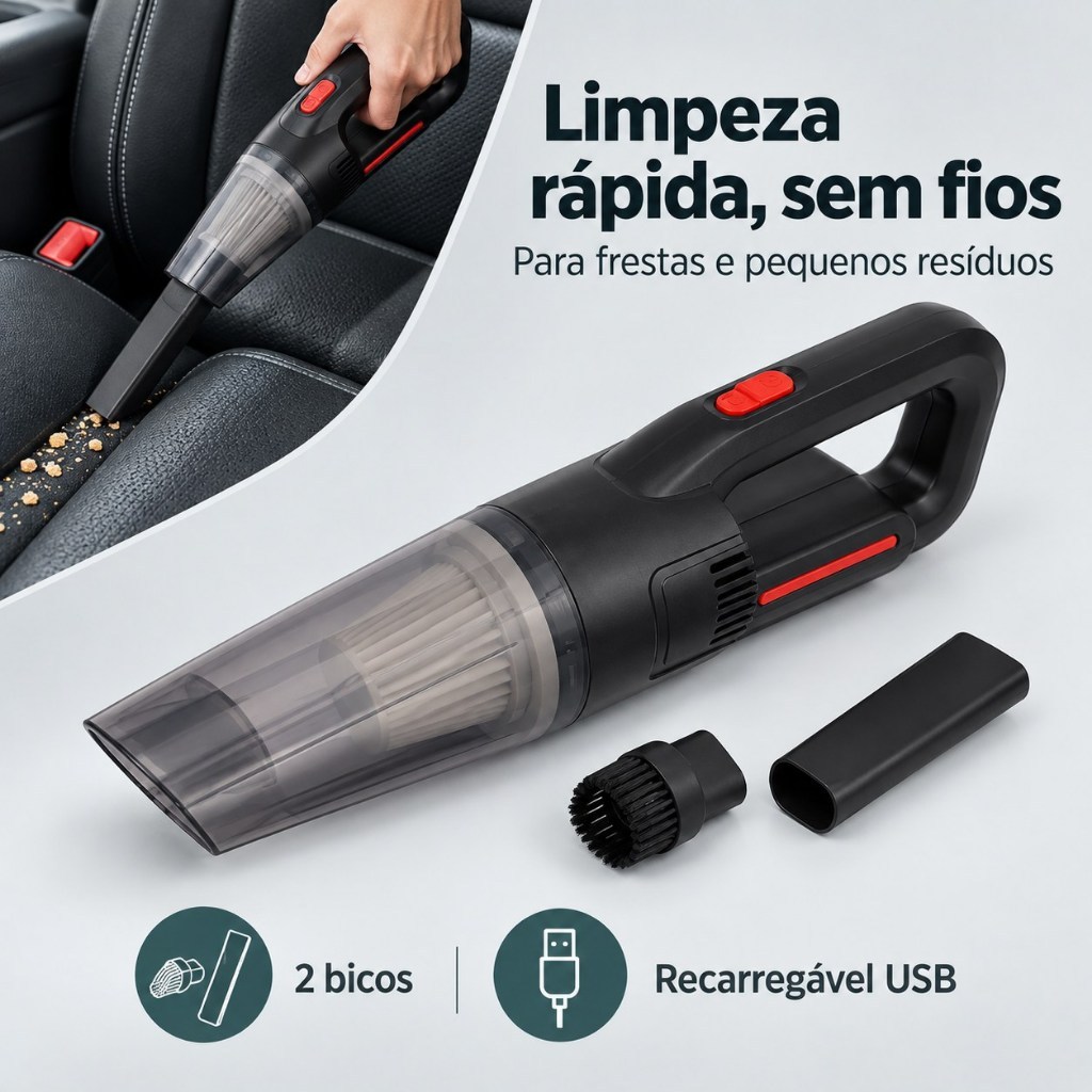 Aspirador de Pó Portátil Sem Fio USB 60W com 2 Bicos para Frestas Carro e Teclado