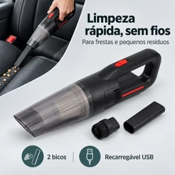 Aspirador de Pó Portátil Sem Fio USB 60W com 2 Bicos para Frestas Carro e Teclado