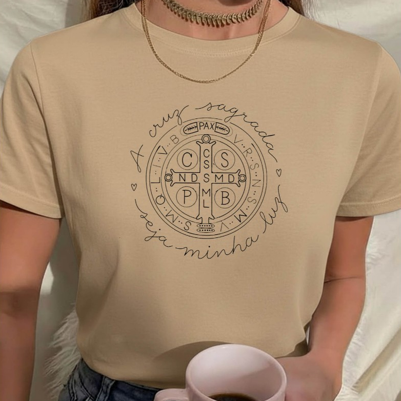 Camiseta Feminina Babylook Medalha de São Bento Religião Católica 100% Algodão Varias Cores