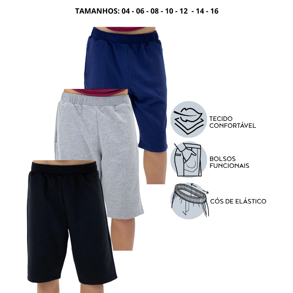 KIT 3 Bermudas Menino Infantil Juvenil Masculina em Moletinho