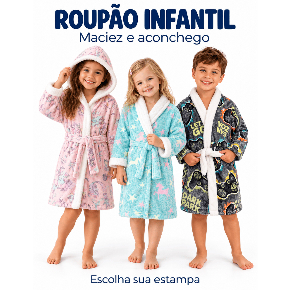 Roupao Infantil Microfibra Brilha No Escuro Macio Quentinho Menino Menina Estampado Para Inverno Confortavel Uso Em Casa
