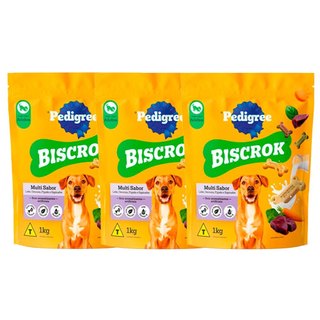 Kit 3 Biscoito Pedigree Biscrok Multi Sabor Cães Adultos 1kg
