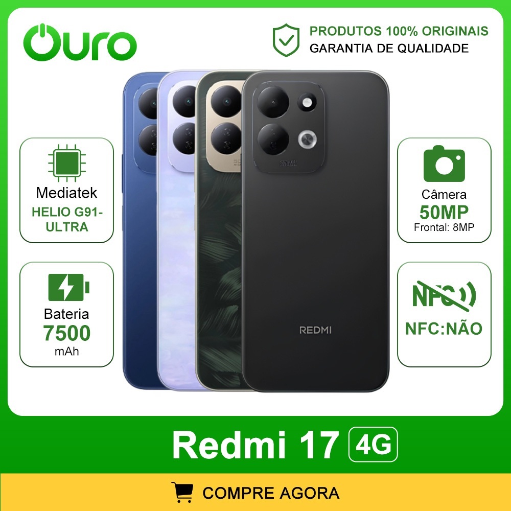Xiaomi Redmi 17 4G, Versão global,128/256GB com 4/6GB RAM Processador MediaTek Hélio G91 Ultra, Bateria 7500mAh