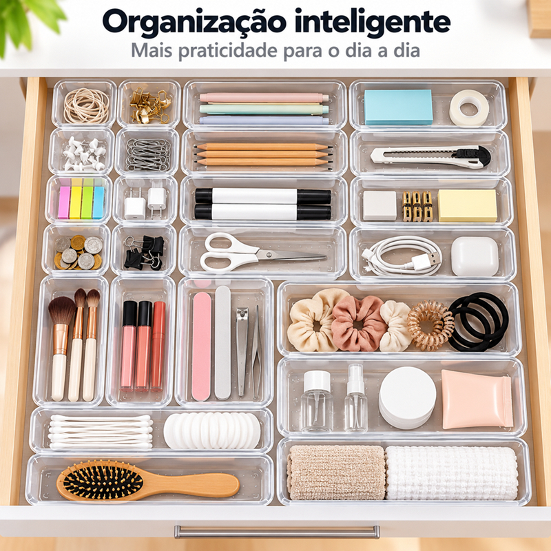 Kit 25 Organizador Multiuso Modular Gavetas Geladeira Plástico Cristal Porta Maquiagem Talher Acessórios