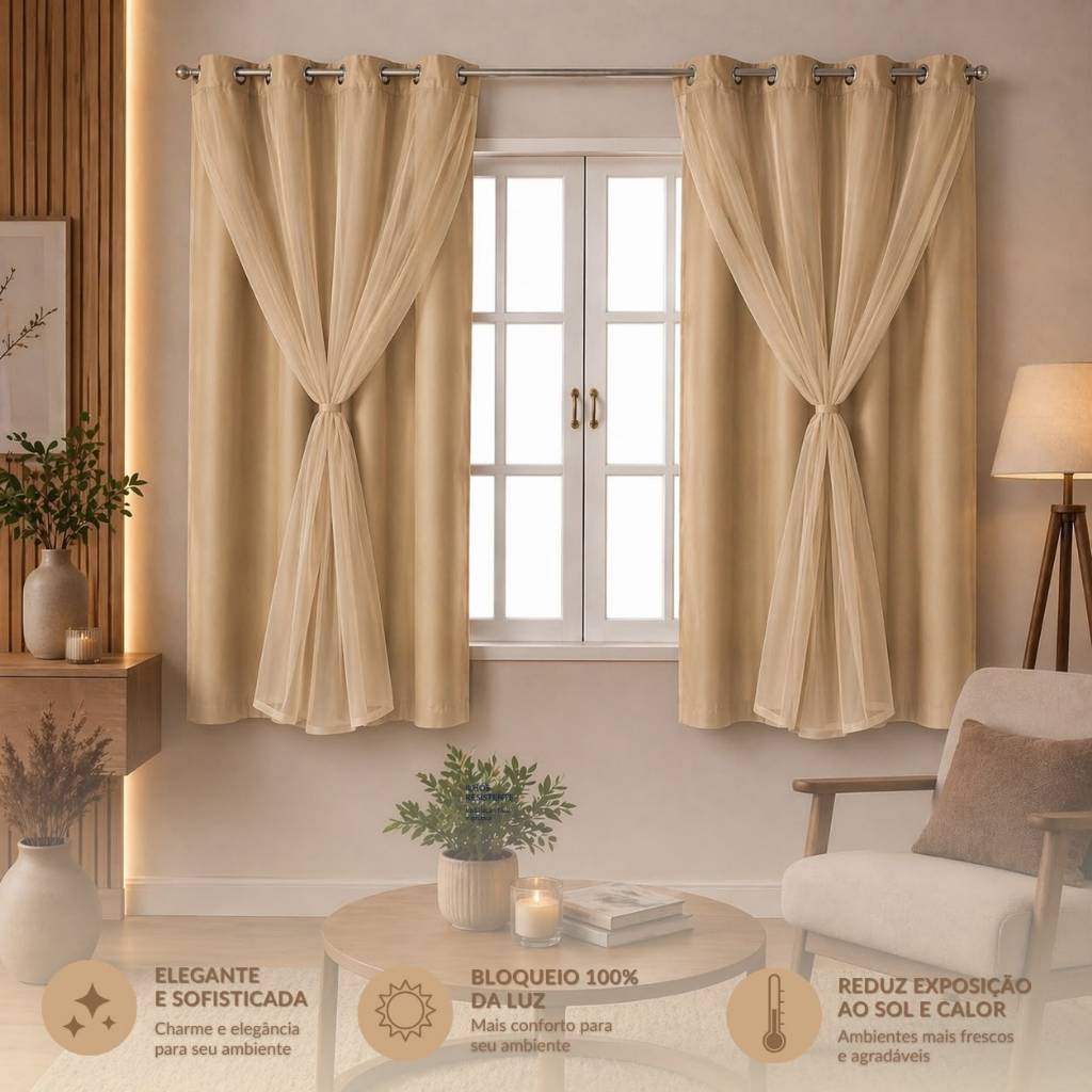 Cortina 100% Blackout com Voil Liso Corta Luz Uma Parte 1,40M x1,80M Sala Janela Quarto