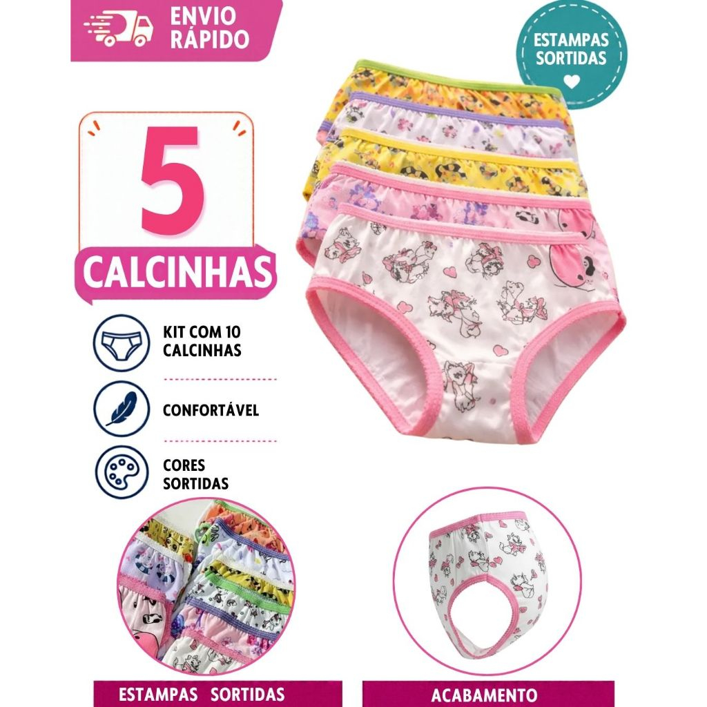 kit 5 Calcinhas Infantil 100% Algodão Antialérgica Confortável
