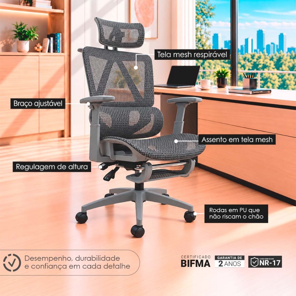 Cadeira Presidente Titan Ergonômica Reclinável Tela Mesh com Apoio para os Pés e Cabeça Cinza · foto 2