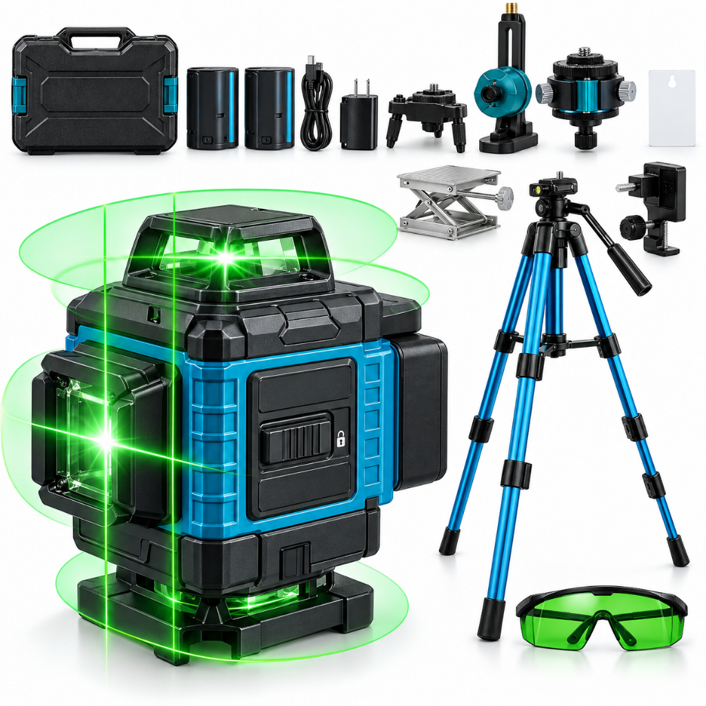 Nível a Laser 4D 16 Linhas Verde 360° Autonivelante Profissional com Tripé 2 Baterias e Maleta