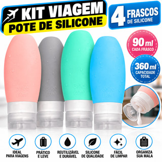 Kit Viagem 4 Frascos de Silicone 90ml para Shampoo Condicionador e Cosméticos
