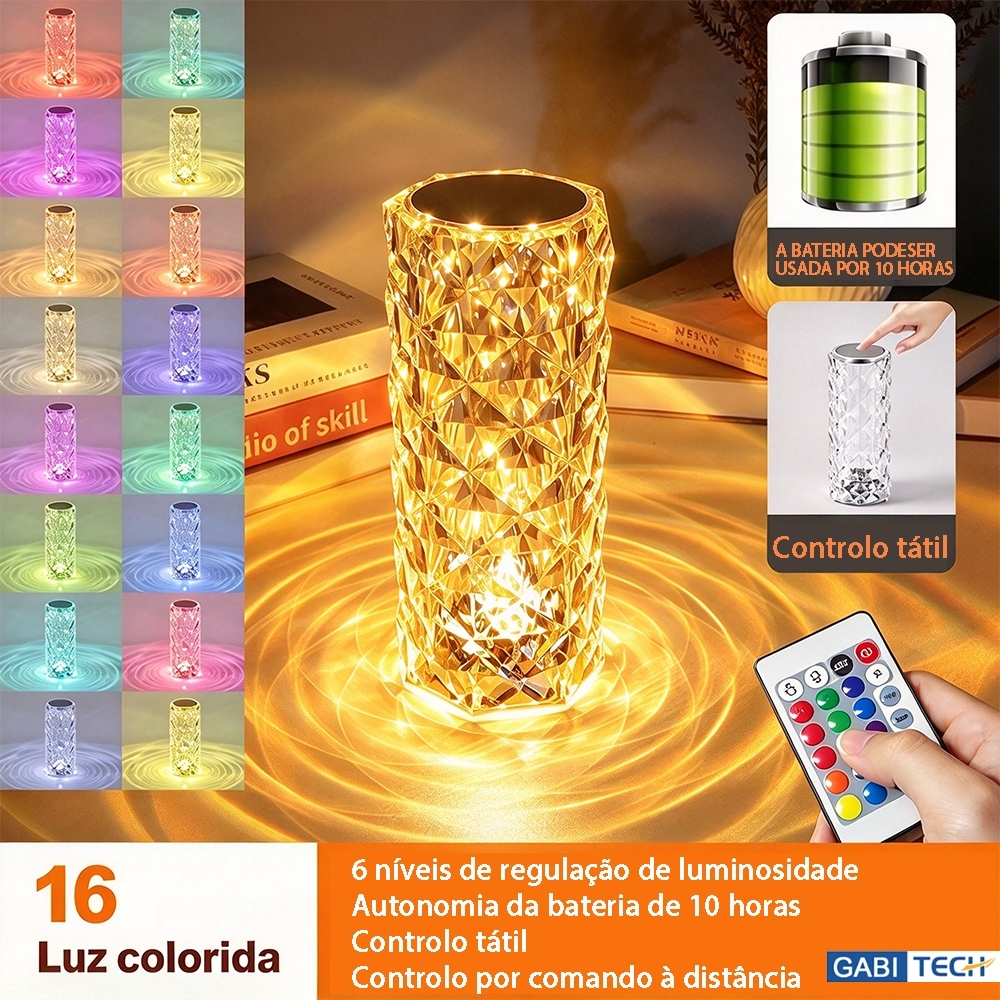 Luminária De Mesa De Cristal LED Com 16 Cores De Luz Projetor Diamante Controle De Toque Cabeceira