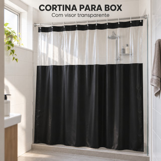 Cortina para Box Banheiro PVC com Visor 1,38x1,98m Impermeável com Ganchos