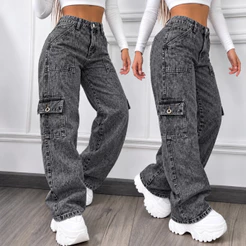 Calça Cargo Jeans Wide Leg Feminina com Bolso Lateral Pantalona Cós Alto