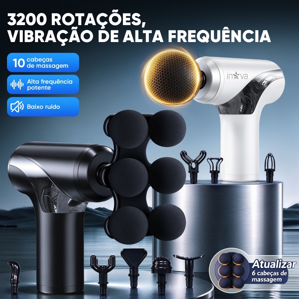 Inova Massageador Elétrico Profissional Muscular Pistola de Massagem Corporal 10 Cabeças USB-C