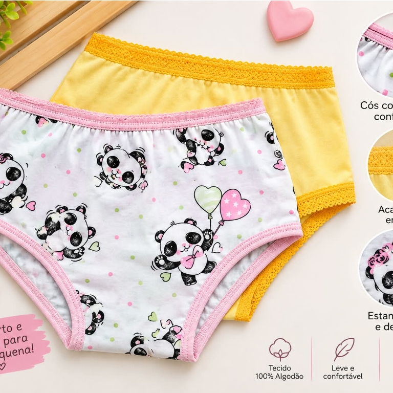 Calcinha infantil 100% Algodão com elástico bordado estampado panda leve e confortável