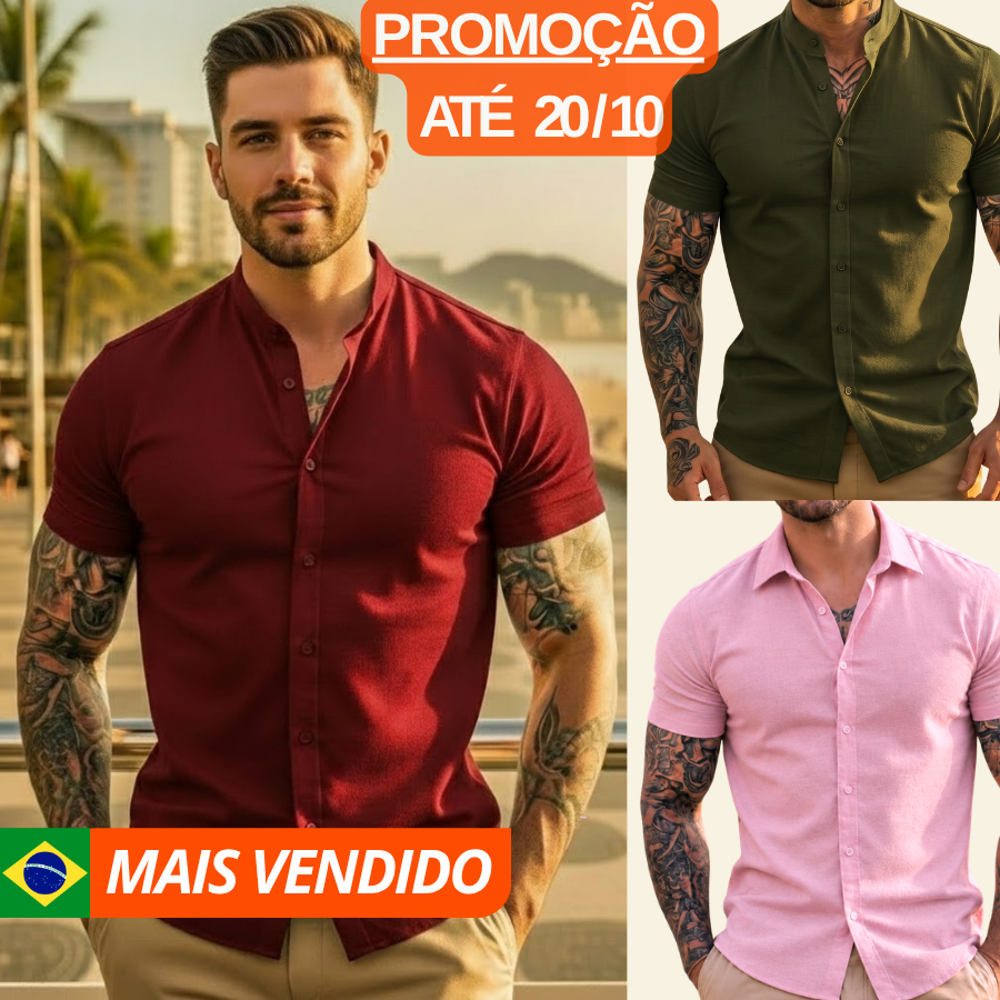 Camisa Masculina Gola Padre Manga Curta Slim Linho e Viscose