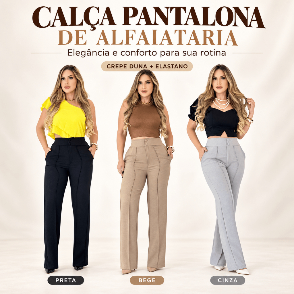 Calça Alfaiataria Feminina Pantalona Social Executiva Comfort Cintura Alta Elegante Crepe Duna