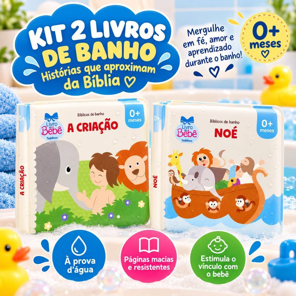 Kit 2 Livro Bíblico de Banho para Bebê | Infantil Fofo Cristão com Ilustrações História Emborrachado Impermeável
