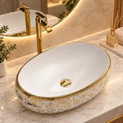 Kit Cuba Apoio Oval Louça Decorada Dourada Torneira Cascata Dourada