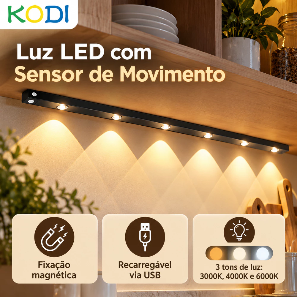 Luminária LED USB 3 cores Regulável Recarregável Com sensor de movimento 60cm -F9
