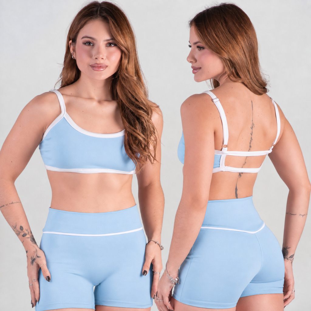 Conjunto Fitness Feminino Top e Short Academia Zero Transparencia Cós Alto Poliamida Yoga