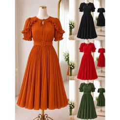 Vestido plissado babado manga moda evangelica com cinto01 cod 101