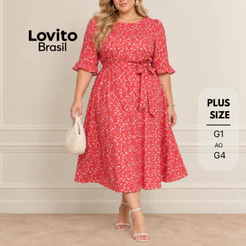 Lovito Plus Size Vestido Midi Modesto com Cinto DRB273BRL302