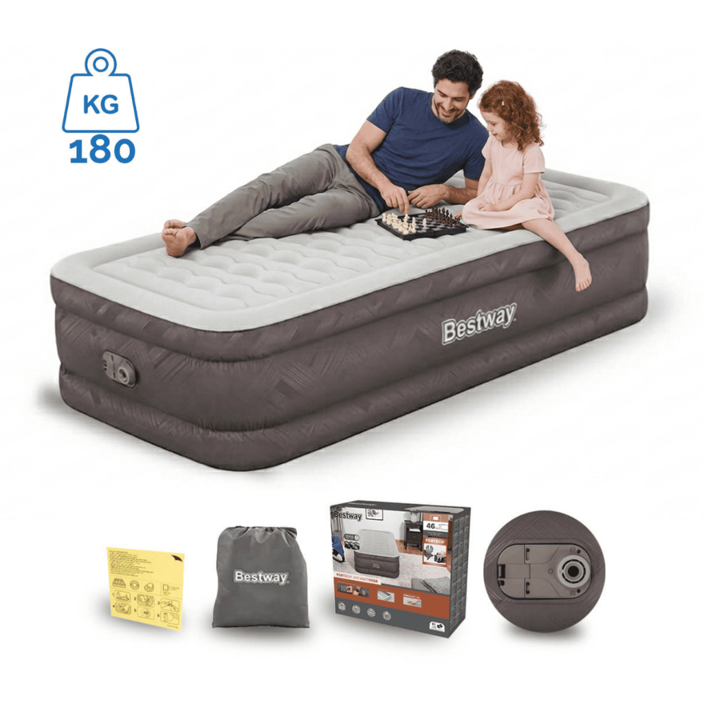 Colchão Inflável Solteiro Twin Fortech Plus 180kg + Bomba Embutida + Bolsa Bestway em Oferta na Shopee