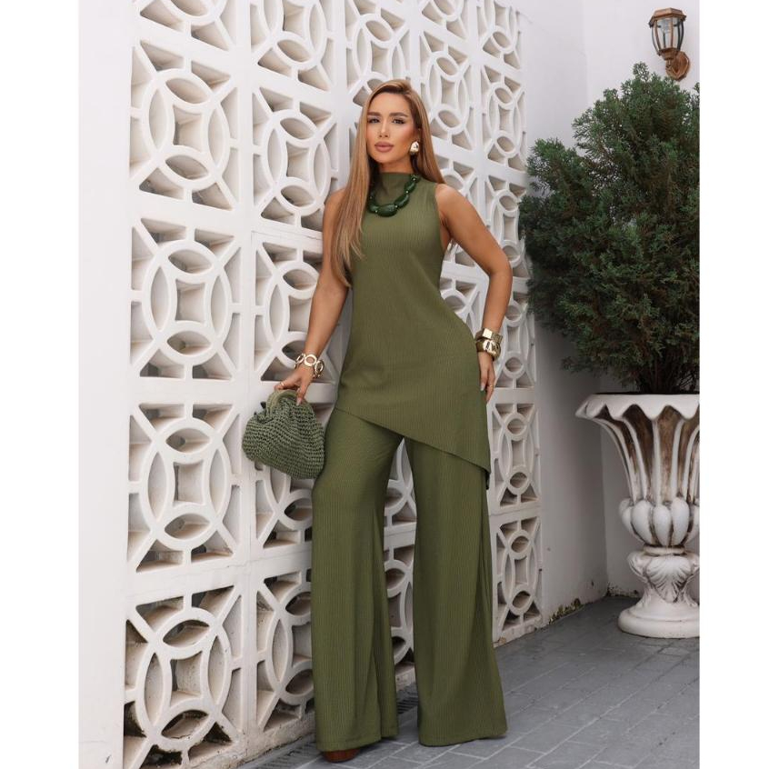 Conjunto Feminino Blusa Assimétrica Alongada  + Calça Pantalona Tecido Ana Ruga Elegante e Moderno