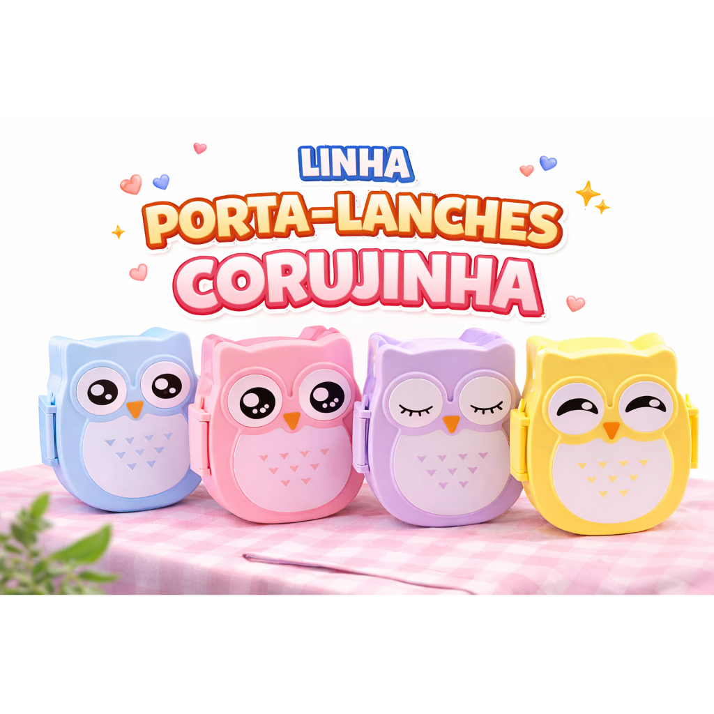 Pote Lancheira Infantil Coruja com Divisória Grande com colher – Porta Lanche Escolar