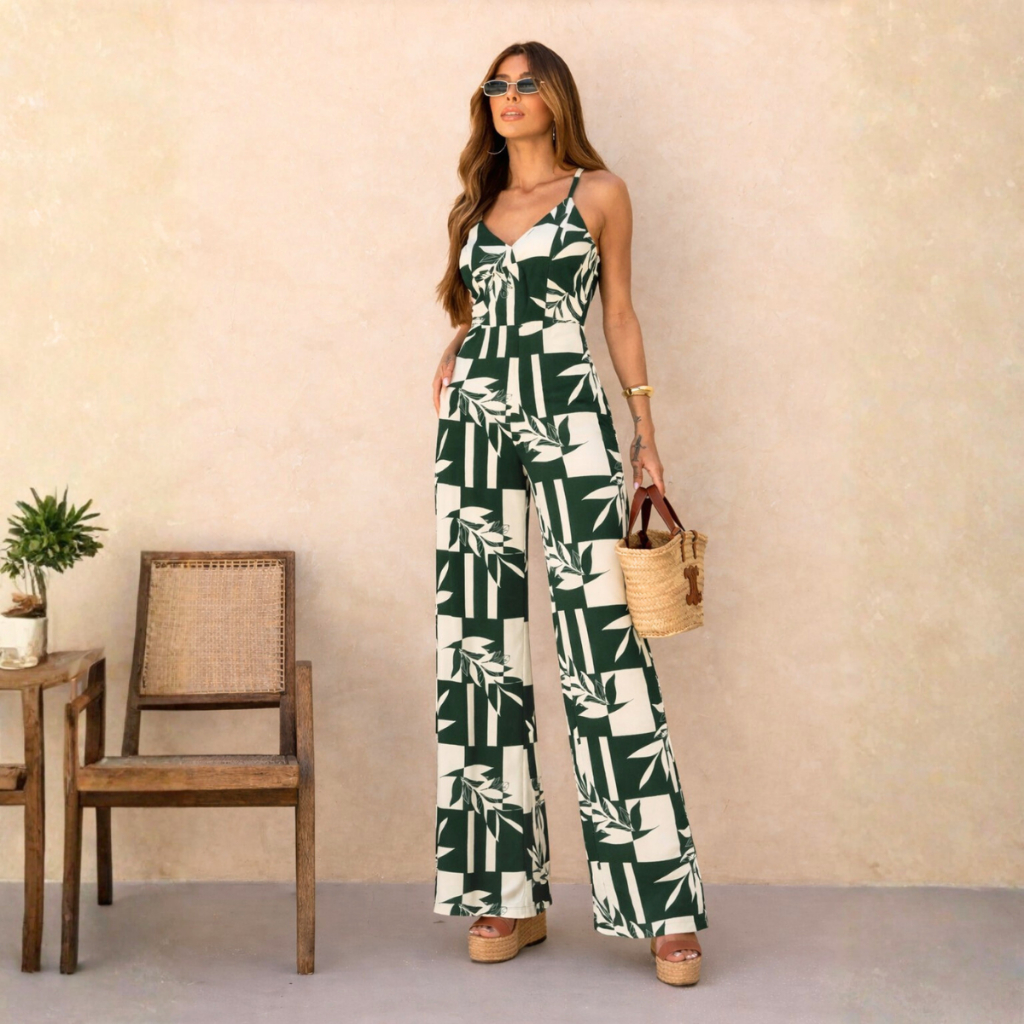 Macacão Longo Feminino Pantalona Estampado Alças Reguláveis Bolsos Reais Tecido Duna Elegante Social em Oferta na Shopee