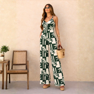 Macacão Longo Feminino Pantalona Estampado Alças Reguláveis Bolsos Reais Tecido Duna Elegante Social em Oferta na Shopee