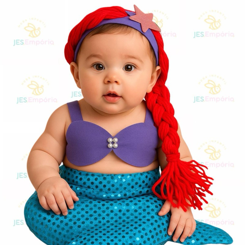 Body Bebê Temático Mesversário Pequena da Sereia + Laço + Tule + Tiara