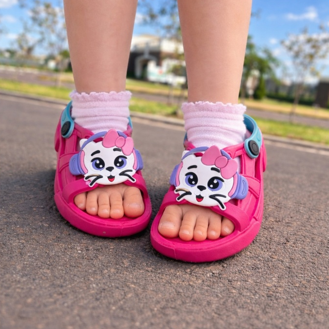 Sandália Infantil Menina Personagem Gatinha Antiderrapante Papete Confortável Escolar