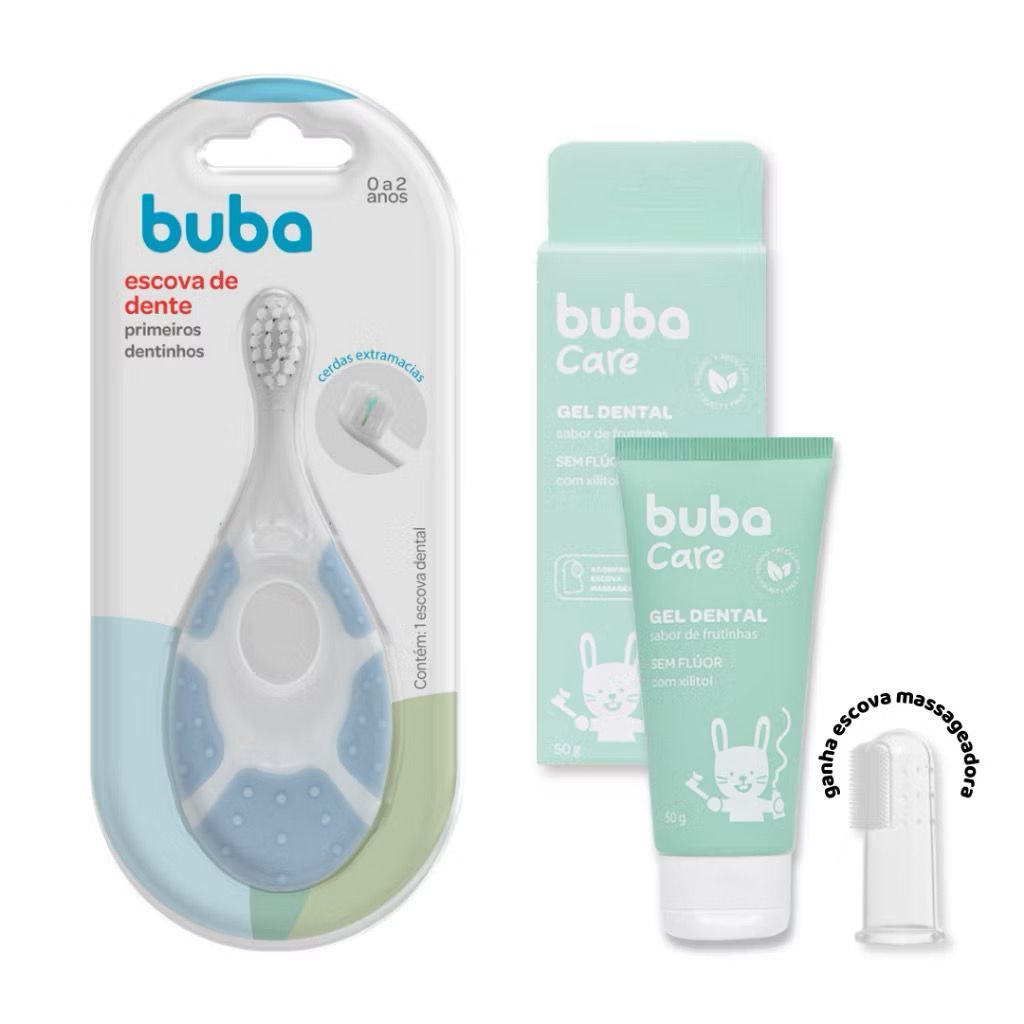 Kit Escova De Dente Azul Primeiros Dentinhos e Creme Dental C/ Escova Massageadora Buba