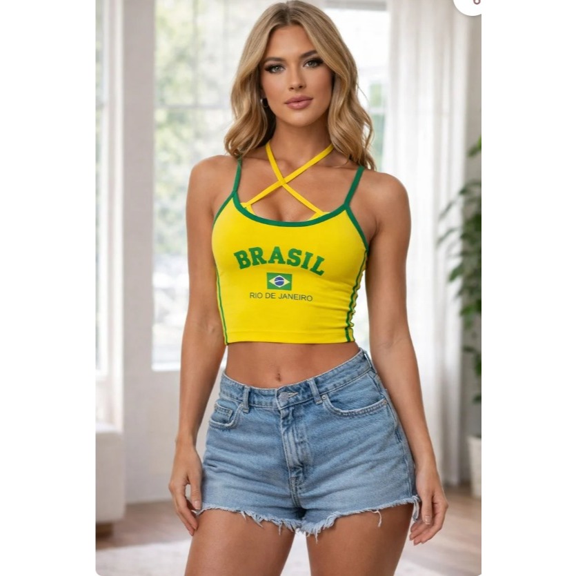 🇧🇷 Cropped Brasil Feminino – Estilo Verão Rio de Janeiro em Oferta na Shopee